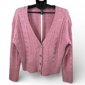 Kori Pink Cable Knit V-Neck Button Front Cardigan Sweater E5215 Womens M/L